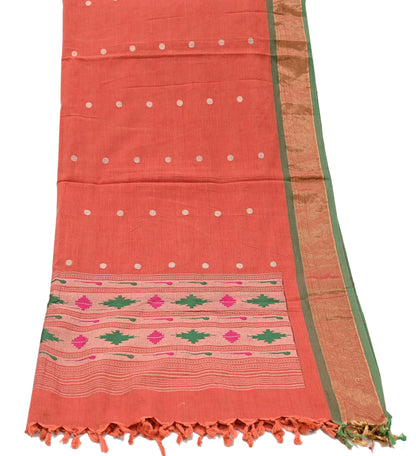 Indian Vintage Dupatta Orange Pure Cotton Long Stole Handloom Paithani Dupatta Scarves Veil Tissue Silk Muniya Border Fringes