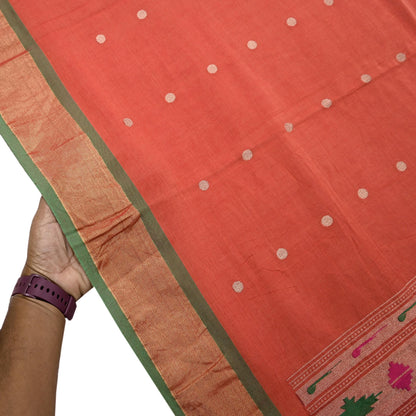 Indian Vintage Dupatta Orange Pure Cotton Long Stole Handloom Paithani Dupatta Scarves Veil Tissue Silk Muniya Border Fringes