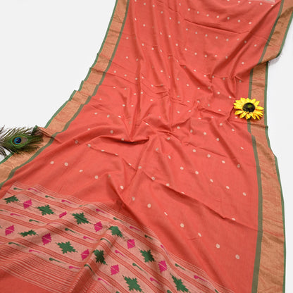 Indian Vintage Dupatta Orange Pure Cotton Long Stole Handloom Paithani Dupatta Scarves Veil Tissue Silk Muniya Border Fringes