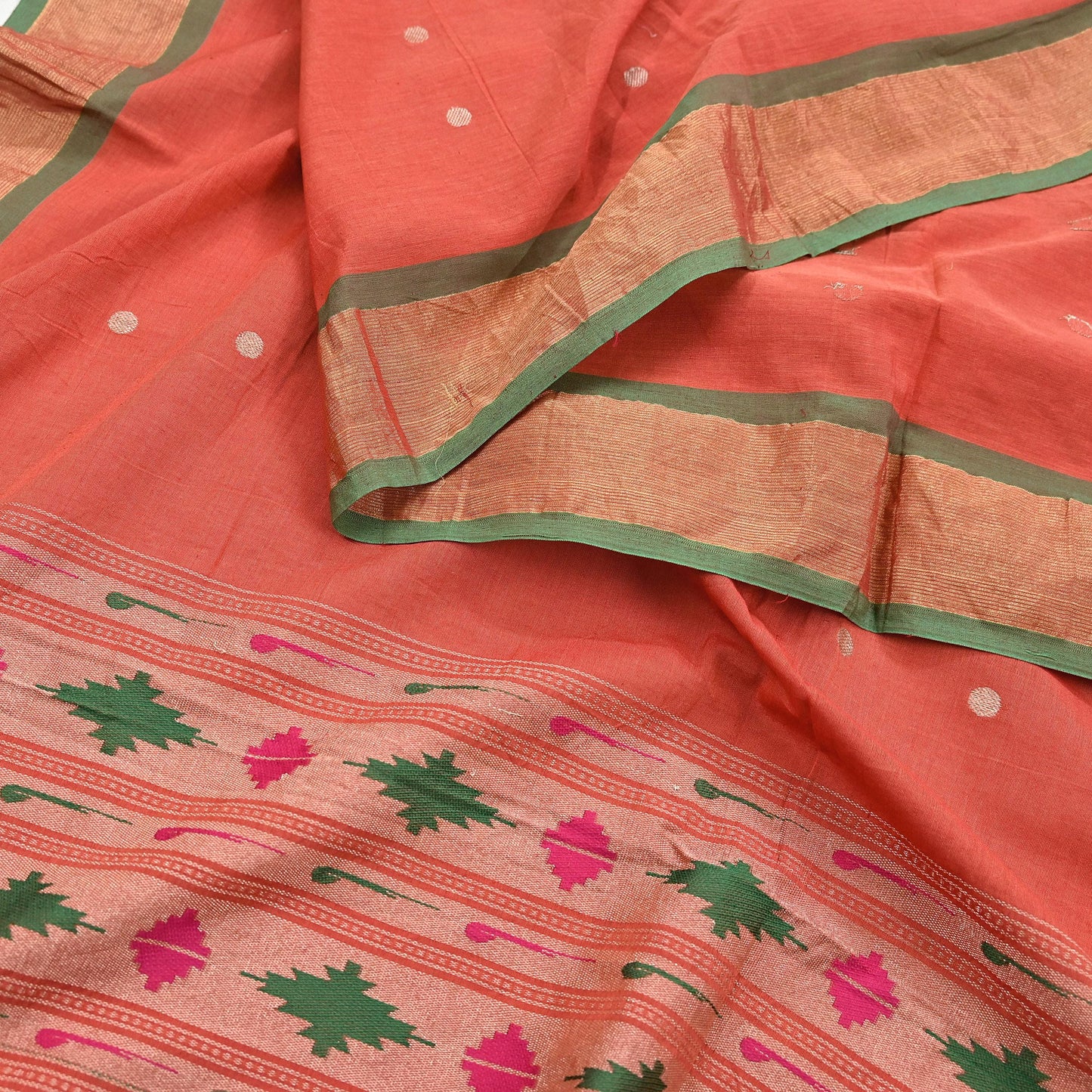 Indian Vintage Dupatta Orange Pure Cotton Long Stole Handloom Paithani Dupatta Scarves Veil Tissue Silk Muniya Border Fringes