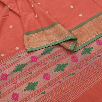 Indian Vintage Dupatta Orange Pure Cotton Long Stole Handloom Paithani Dupatta Scarves Veil Tissue Silk Muniya Border Fringes