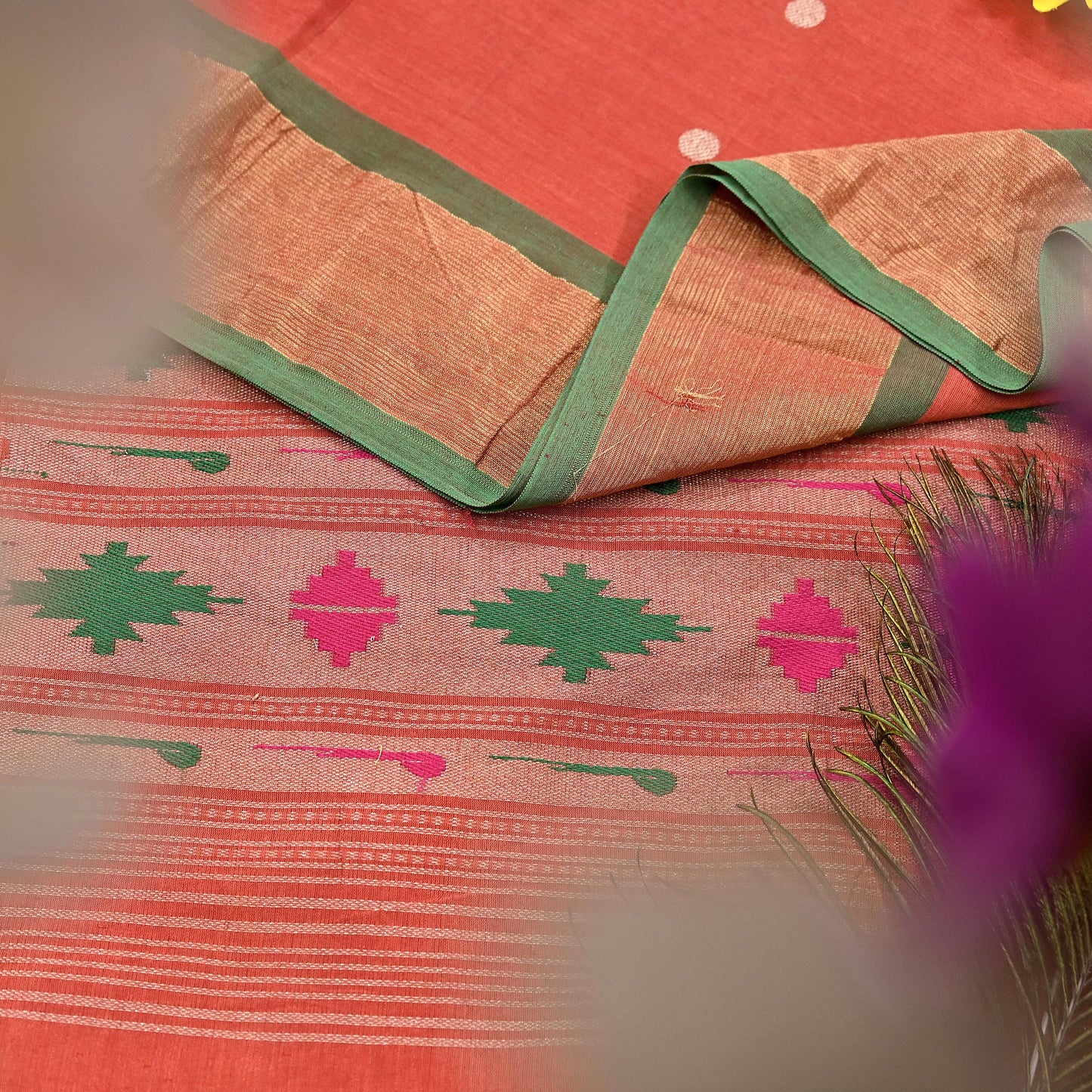 Indian Vintage Dupatta Orange Pure Cotton Long Stole Handloom Paithani Dupatta Scarves Veil Tissue Silk Muniya Border Fringes