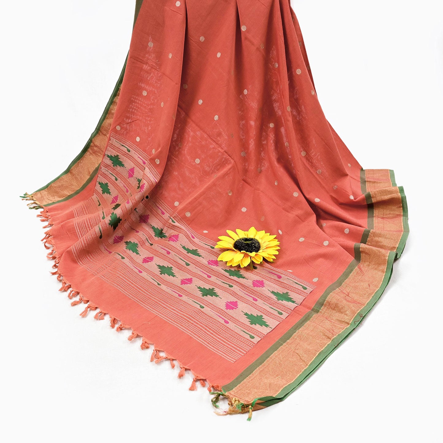 Indian Vintage Dupatta Orange Pure Cotton Long Stole Handloom Paithani Dupatta Scarves Veil Tissue Silk Muniya Border Fringes