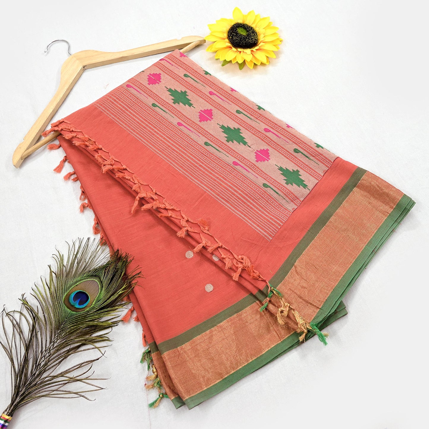Indian Vintage Dupatta Orange Pure Cotton Long Stole Handloom Paithani Dupatta Scarves Veil Tissue Silk Muniya Border Fringes