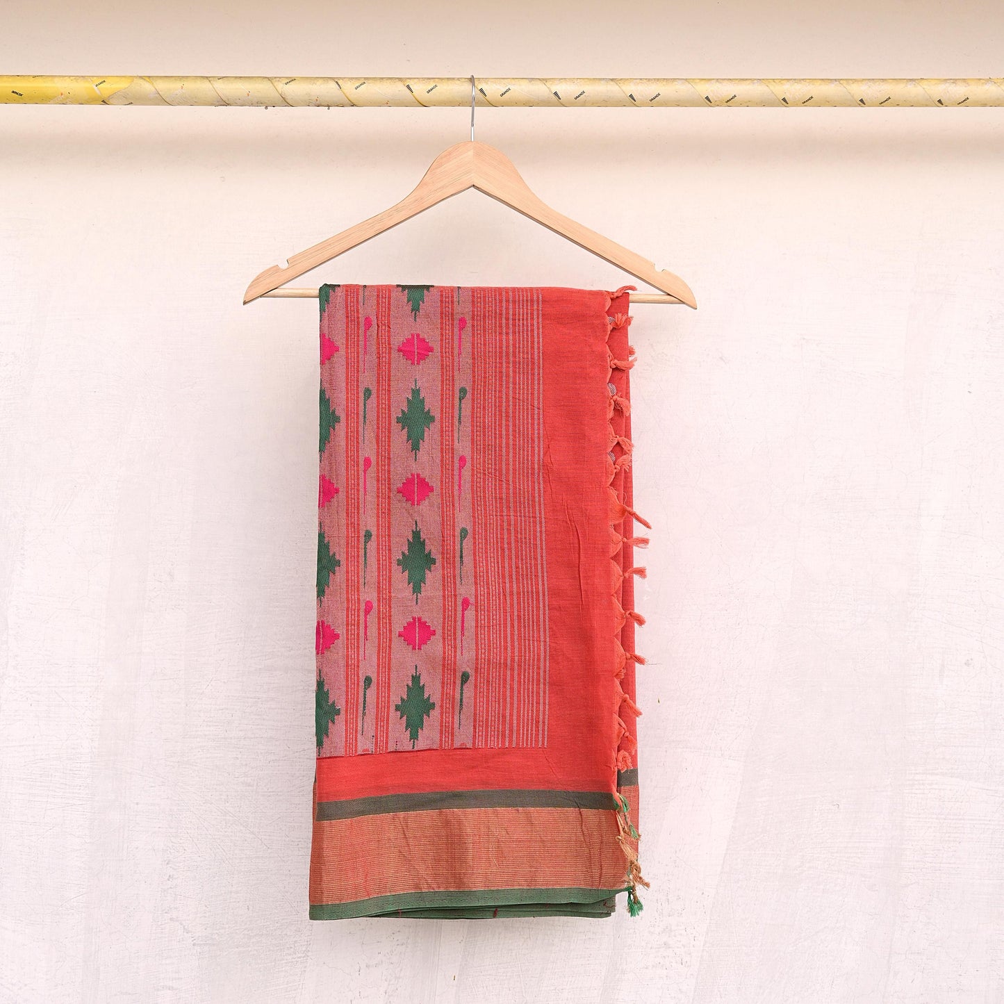 Indian Vintage Dupatta Orange Pure Cotton Long Stole Handloom Paithani Dupatta Scarves Veil Tissue Silk Muniya Border Fringes