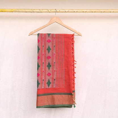 Indian Vintage Dupatta Orange Pure Cotton Long Stole Handloom Paithani Dupatta Scarves Veil Tissue Silk Muniya Border Fringes