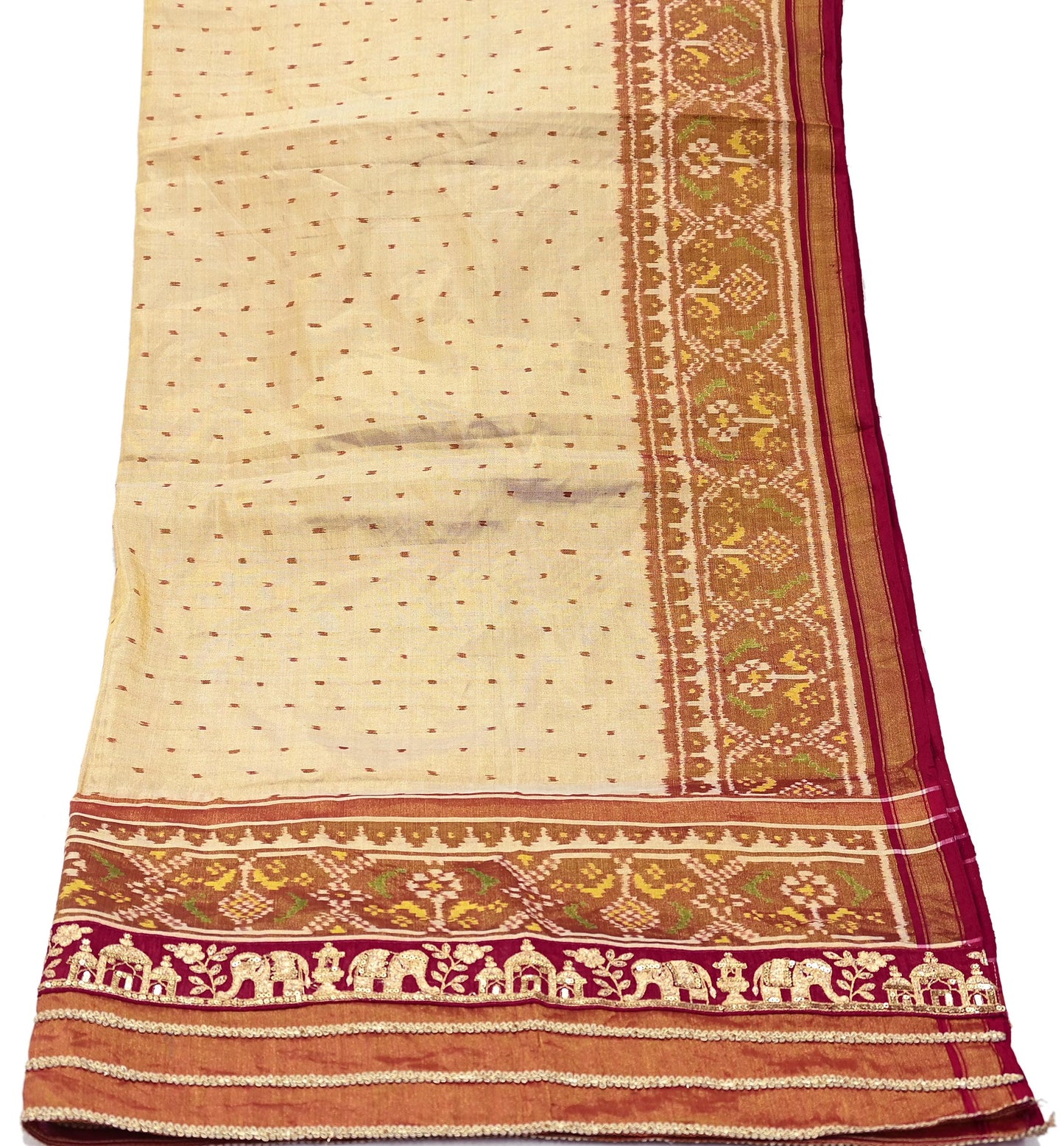 Indian Vintage Golden Dupatta Long Stole Hand woven Ikat Patola Hijab Pure Silk Scarves Veil Fringes