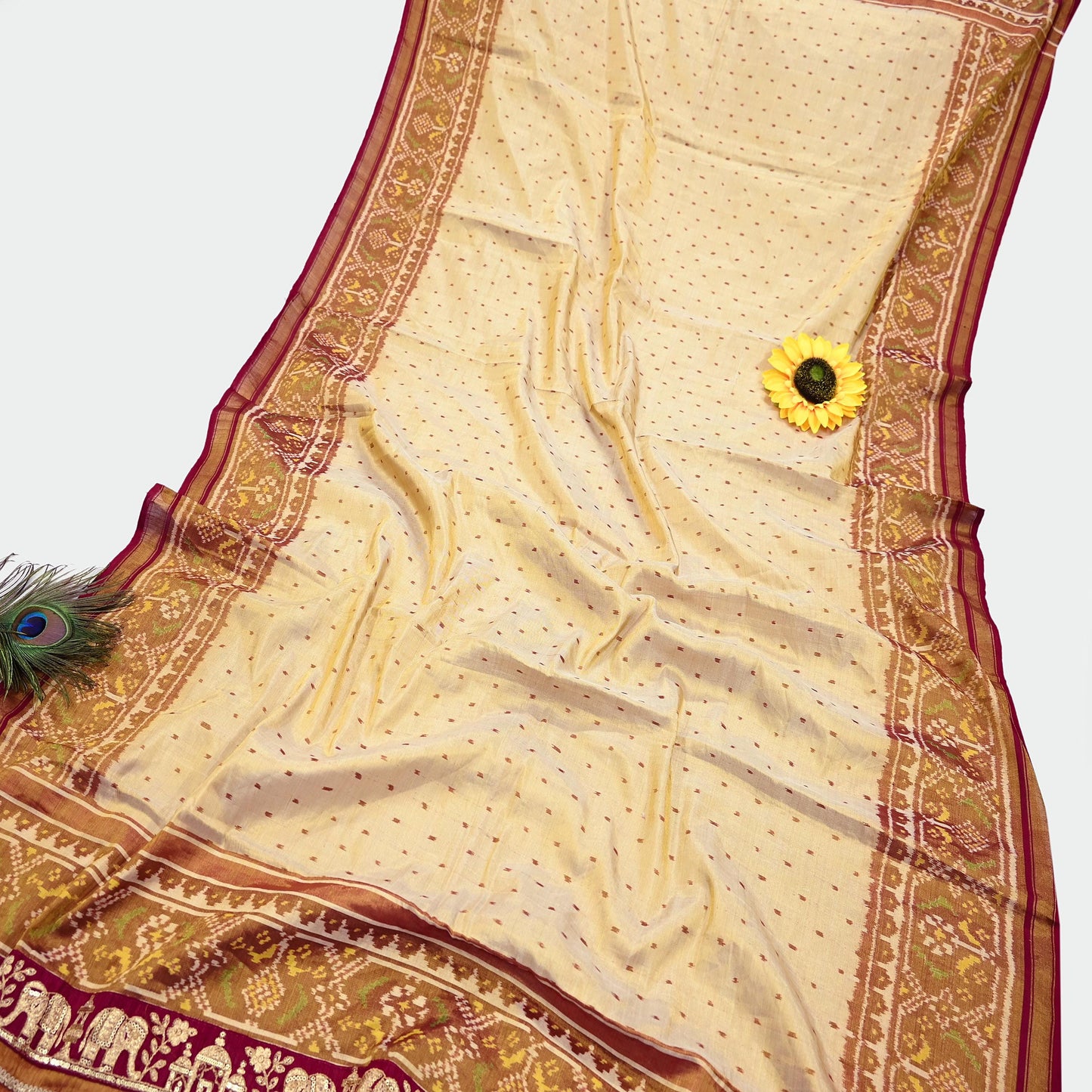 Indian Vintage Golden Dupatta Long Stole Hand woven Ikat Patola Hijab Pure Silk Scarves Veil Fringes
