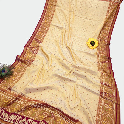 Indian Vintage Golden Dupatta Long Stole Hand woven Ikat Patola Hijab Pure Silk Scarves Veil Fringes