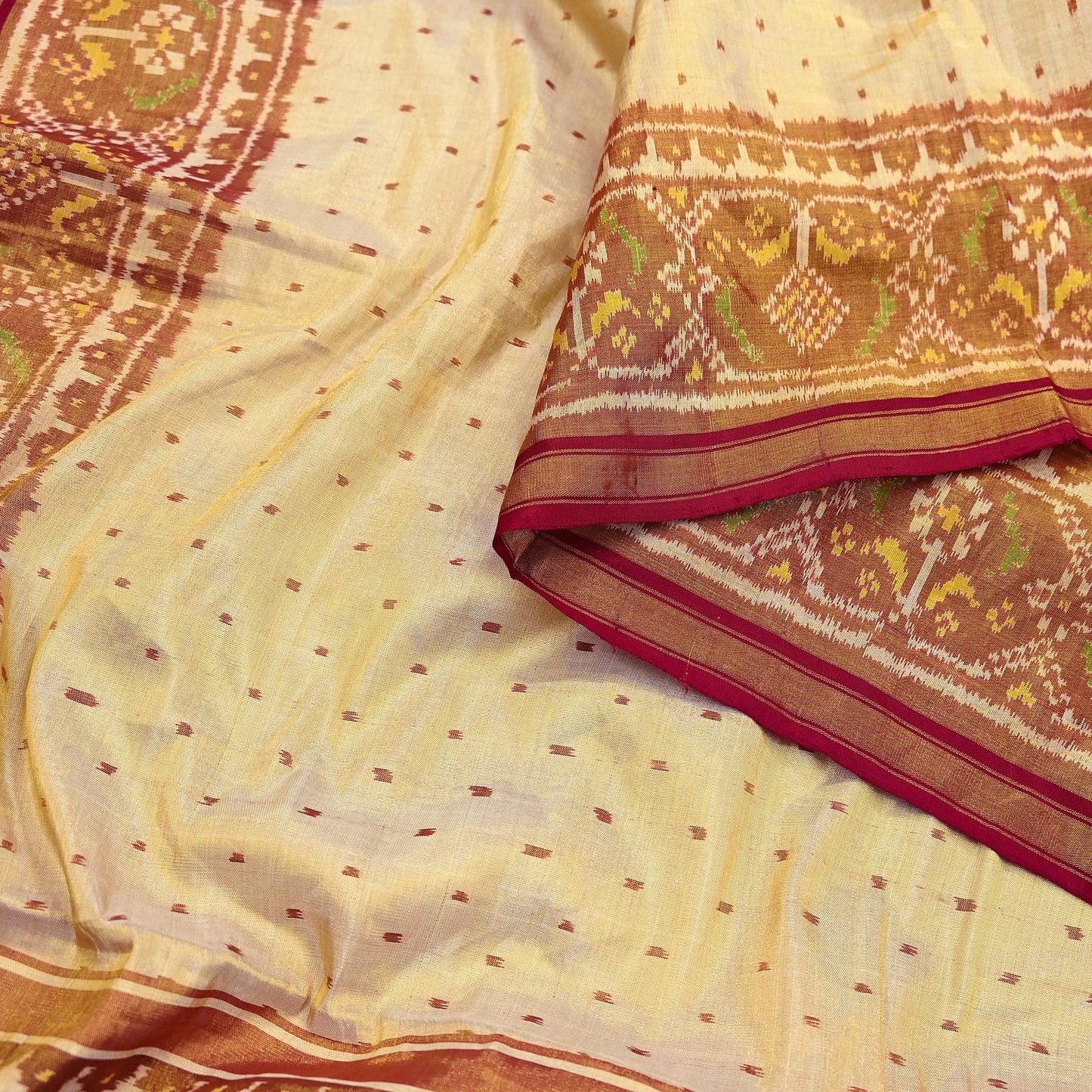 Indian Vintage Golden Dupatta Long Stole Hand woven Ikat Patola Hijab Pure Silk Scarves Veil Fringes