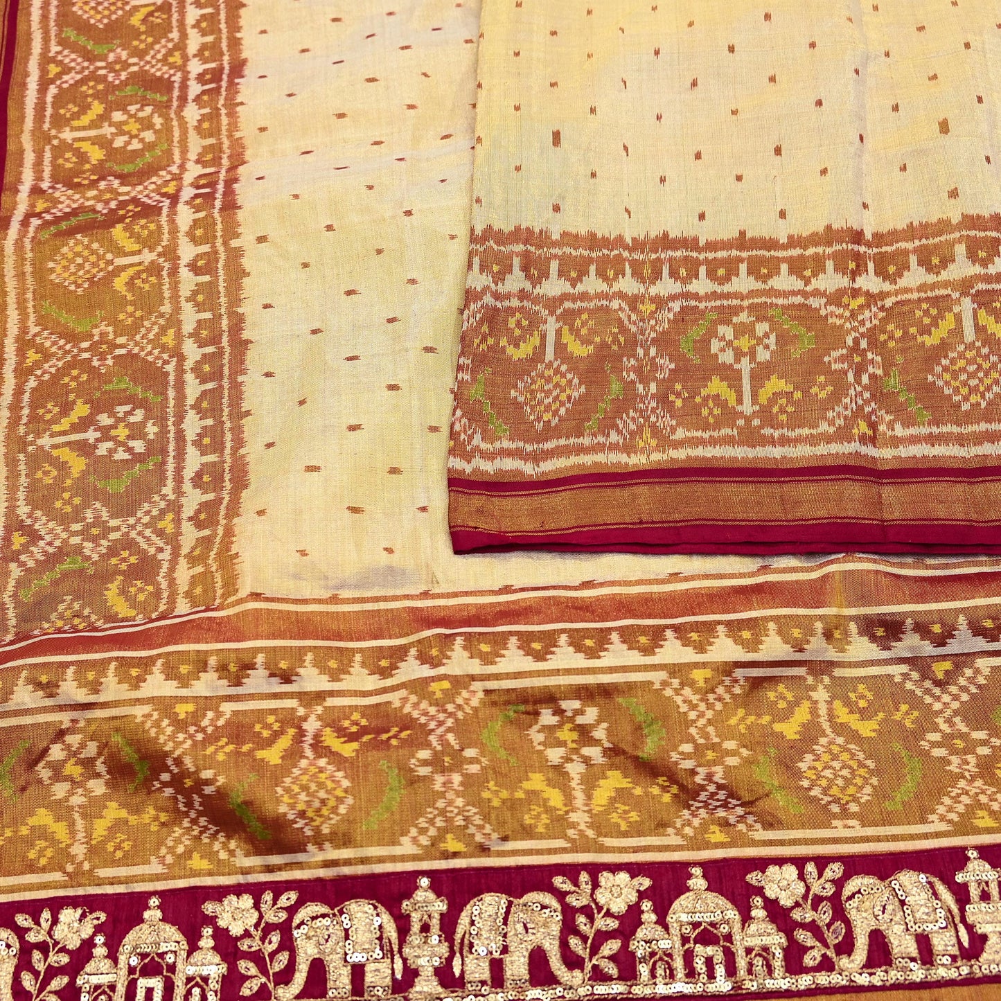 Indian Vintage Golden Dupatta Long Stole Hand woven Ikat Patola Hijab Pure Silk Scarves Veil Fringes