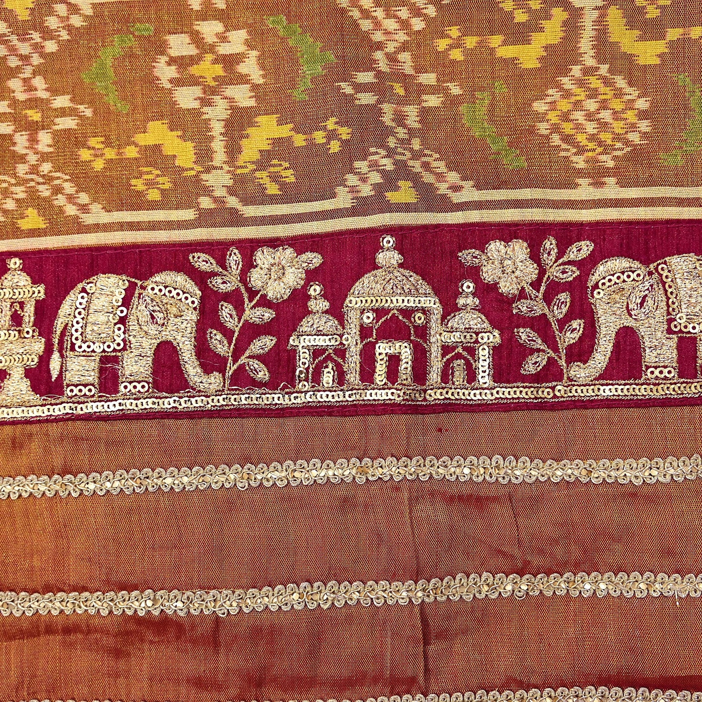 Indian Vintage Golden Dupatta Long Stole Hand woven Ikat Patola Hijab Pure Silk Scarves Veil Fringes