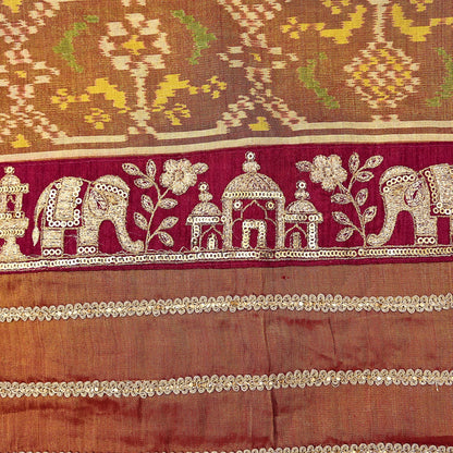 Indian Vintage Golden Dupatta Long Stole Hand woven Ikat Patola Hijab Pure Silk Scarves Veil Fringes