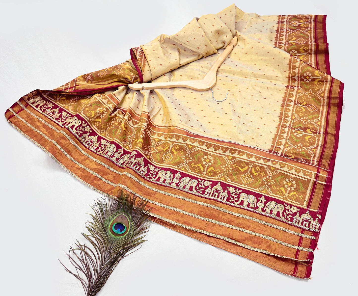 Indian Vintage Golden Dupatta Long Stole Hand woven Ikat Patola Hijab Pure Silk Scarves Veil Fringes