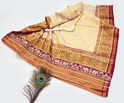 Indian Vintage Golden Dupatta Long Stole Hand woven Ikat Patola Hijab Pure Silk Scarves Veil Fringes