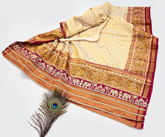Indian Vintage Golden Dupatta Long Stole Hand woven Ikat Patola Hijab Pure Silk Scarves Veil Fringes