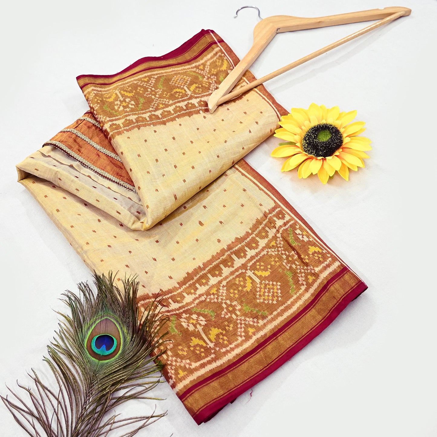 Indian Vintage Golden Dupatta Long Stole Hand woven Ikat Patola Hijab Pure Silk Scarves Veil Fringes