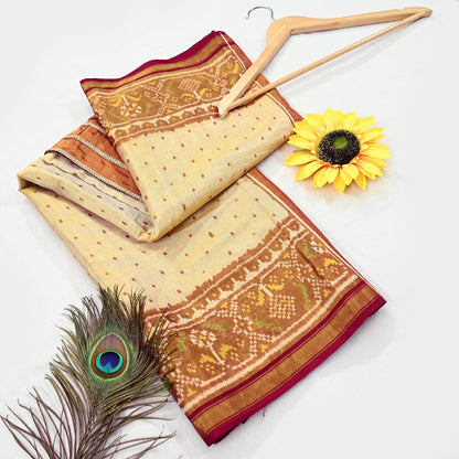 Indian Vintage Golden Dupatta Long Stole Hand woven Ikat Patola Hijab Pure Silk Scarves Veil Fringes