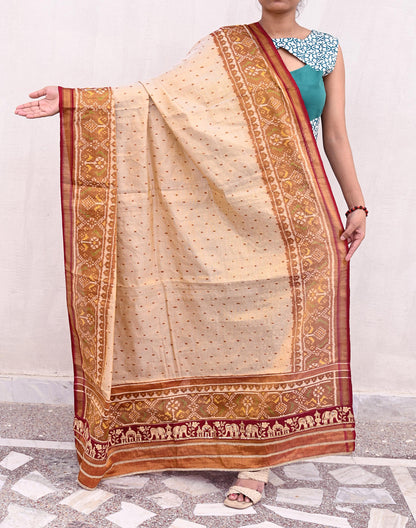 Indian Vintage Golden Dupatta Long Stole Hand woven Ikat Patola Hijab Pure Silk Scarves Veil Fringes