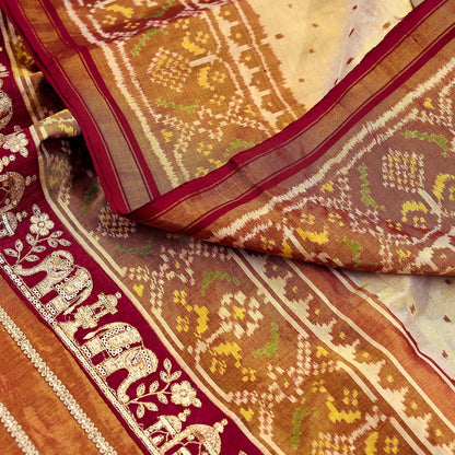 Indian Vintage Golden Dupatta Long Stole Hand woven Ikat Patola Hijab Pure Silk Scarves Veil Fringes