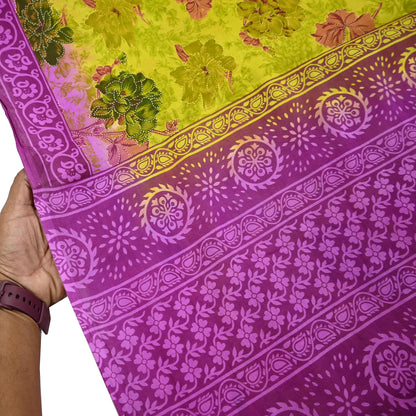 Indian Vintage Sari Purple & yellow Pure Cotton Printed Sarees Craft Fabric Soft 5Yd Sarong Wrap Boho Fabric Kimono Quilting Crafting