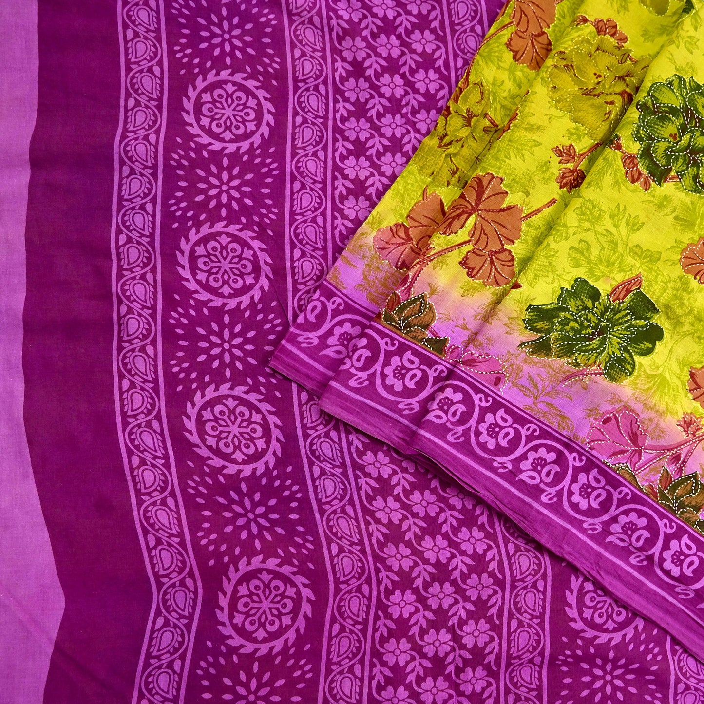 Indian Vintage Sari Purple & yellow Pure Cotton Printed Sarees Craft Fabric Soft 5Yd Sarong Wrap Boho Fabric Kimono Quilting Crafting