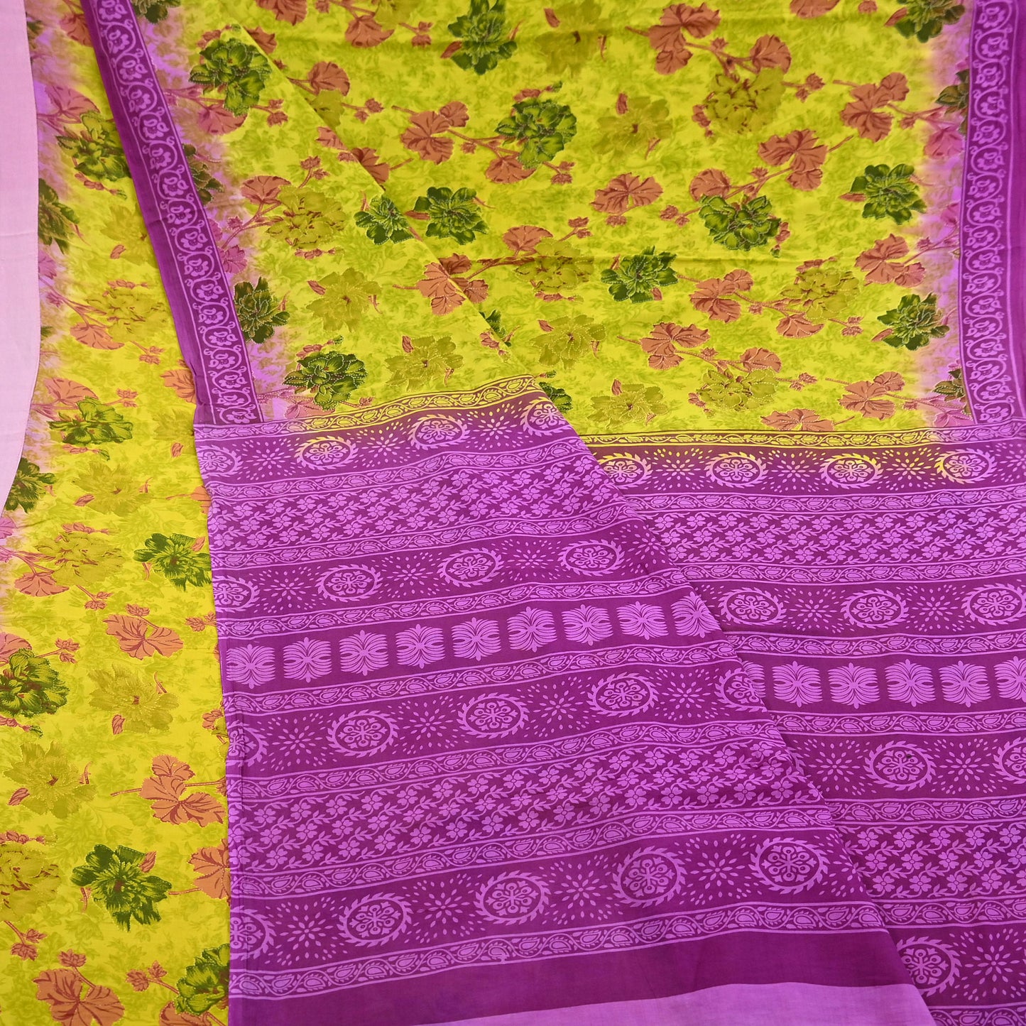 Indian Vintage Sari Purple & yellow Pure Cotton Printed Sarees Craft Fabric Soft 5Yd Sarong Wrap Boho Fabric Kimono Quilting Crafting