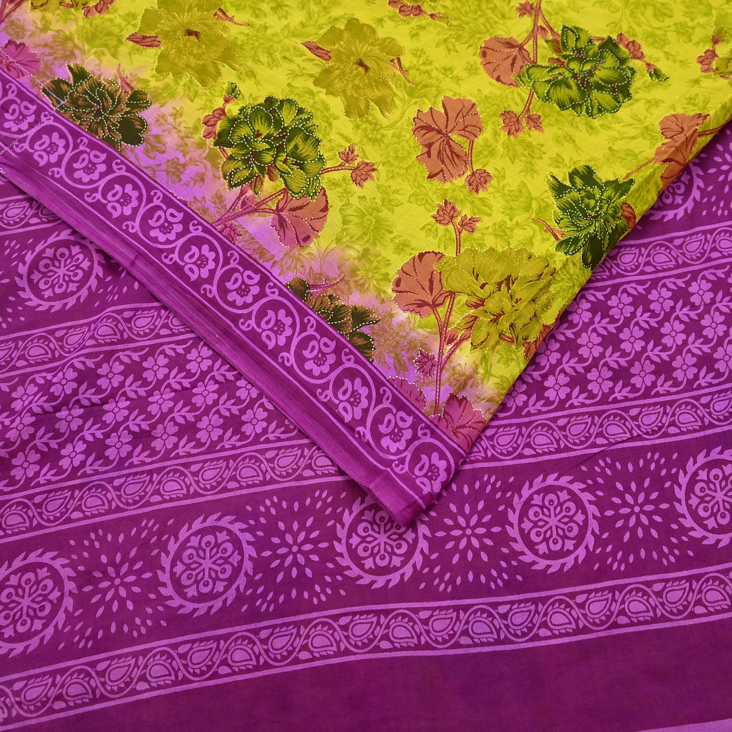 Indian Vintage Sari Purple & yellow Pure Cotton Printed Sarees Craft Fabric Soft 5Yd Sarong Wrap Boho Fabric Kimono Quilting Crafting