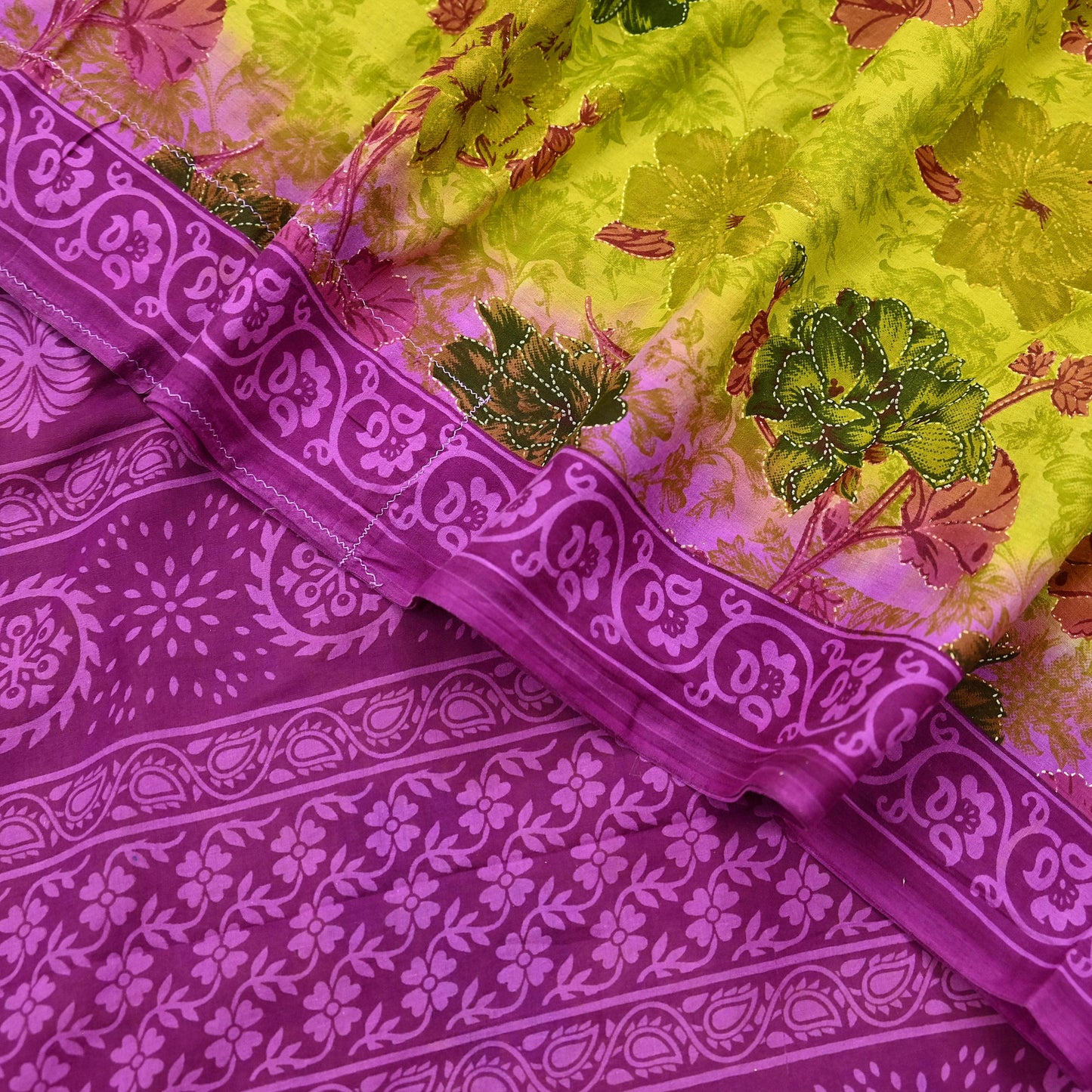 Indian Vintage Sari Purple & yellow Pure Cotton Printed Sarees Craft Fabric Soft 5Yd Sarong Wrap Boho Fabric Kimono Quilting Crafting