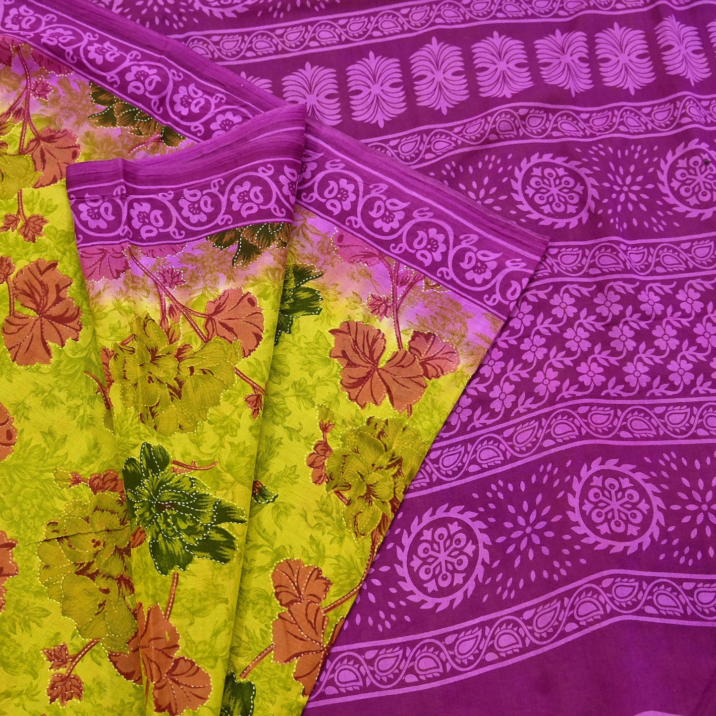 Indian Vintage Sari Purple & yellow Pure Cotton Printed Sarees Craft Fabric Soft 5Yd Sarong Wrap Boho Fabric Kimono Quilting Crafting