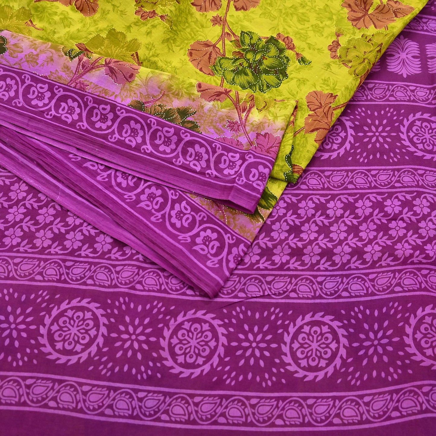 Indian Vintage Sari Purple & yellow Pure Cotton Printed Sarees Craft Fabric Soft 5Yd Sarong Wrap Boho Fabric Kimono Quilting Crafting