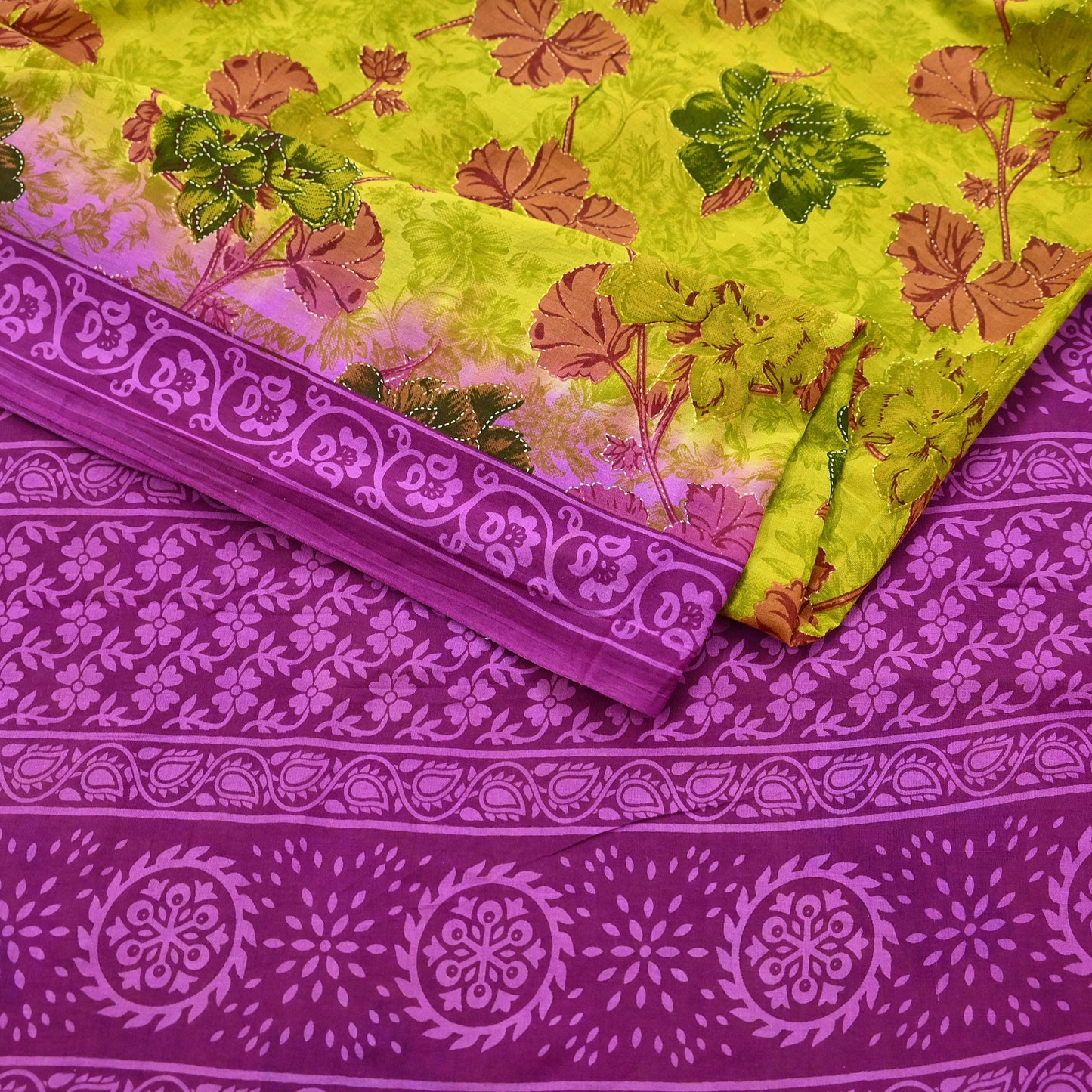 Indian Vintage Sari Purple & yellow Pure Cotton Printed Sarees Craft Fabric Soft 5Yd Sarong Wrap Boho Fabric Kimono Quilting Crafting