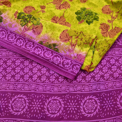 Indian Vintage Sari Purple & yellow Pure Cotton Printed Sarees Craft Fabric Soft 5Yd Sarong Wrap Boho Fabric Kimono Quilting Crafting