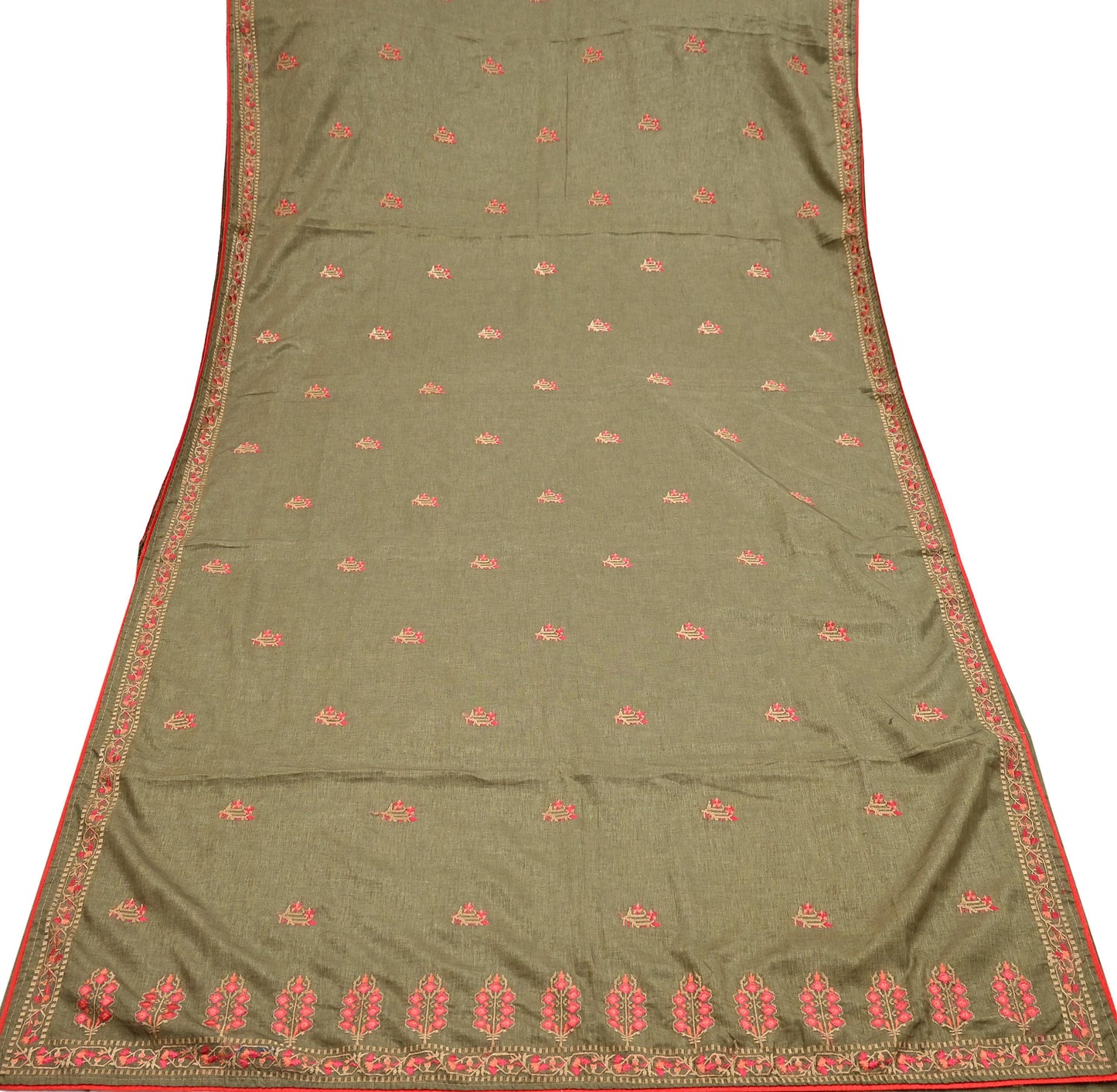 Indian Vintage Sari Green Artificial Silk Embroidered Sarees Craft Fabric 5Yd Sewing Soft Zardozi/Zari Upcycle Dress Making