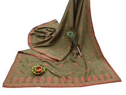 Indian Vintage Sari Green Artificial Silk Embroidered Sarees Craft Fabric 5Yd Sewing Soft Zardozi/Zari Upcycle Dress Making