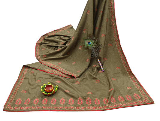 Indian Vintage Sari Green Artificial Silk Embroidered Sarees Craft Fabric 5Yd Sewing Soft Zardozi/Zari Upcycle Dress Making