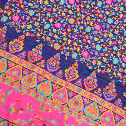 Indian Vintage Sari Blue & Multi Artificial Silk Hand Woven Sarees 5yd Ethnic Craft Fabric Sewing Wedding Sarees Dress making