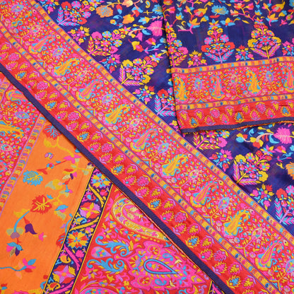 Indian Vintage Sari Blue & Multi Artificial Silk Hand Woven Sarees 5yd Ethnic Craft Fabric Sewing Wedding Sarees Dress making