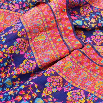 Indian Vintage Sari Blue & Multi Artificial Silk Hand Woven Sarees 5yd Ethnic Craft Fabric Sewing Wedding Sarees Dress making