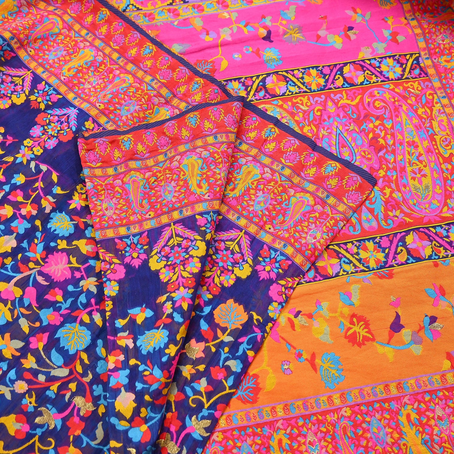 Indian Vintage Sari Blue & Multi Artificial Silk Hand Woven Sarees 5yd Ethnic Craft Fabric Sewing Wedding Sarees Dress making