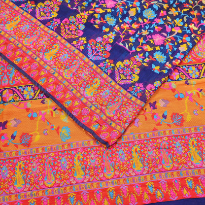 Indian Vintage Sari Blue & Multi Artificial Silk Hand Woven Sarees 5yd Ethnic Craft Fabric Sewing Wedding Sarees Dress making