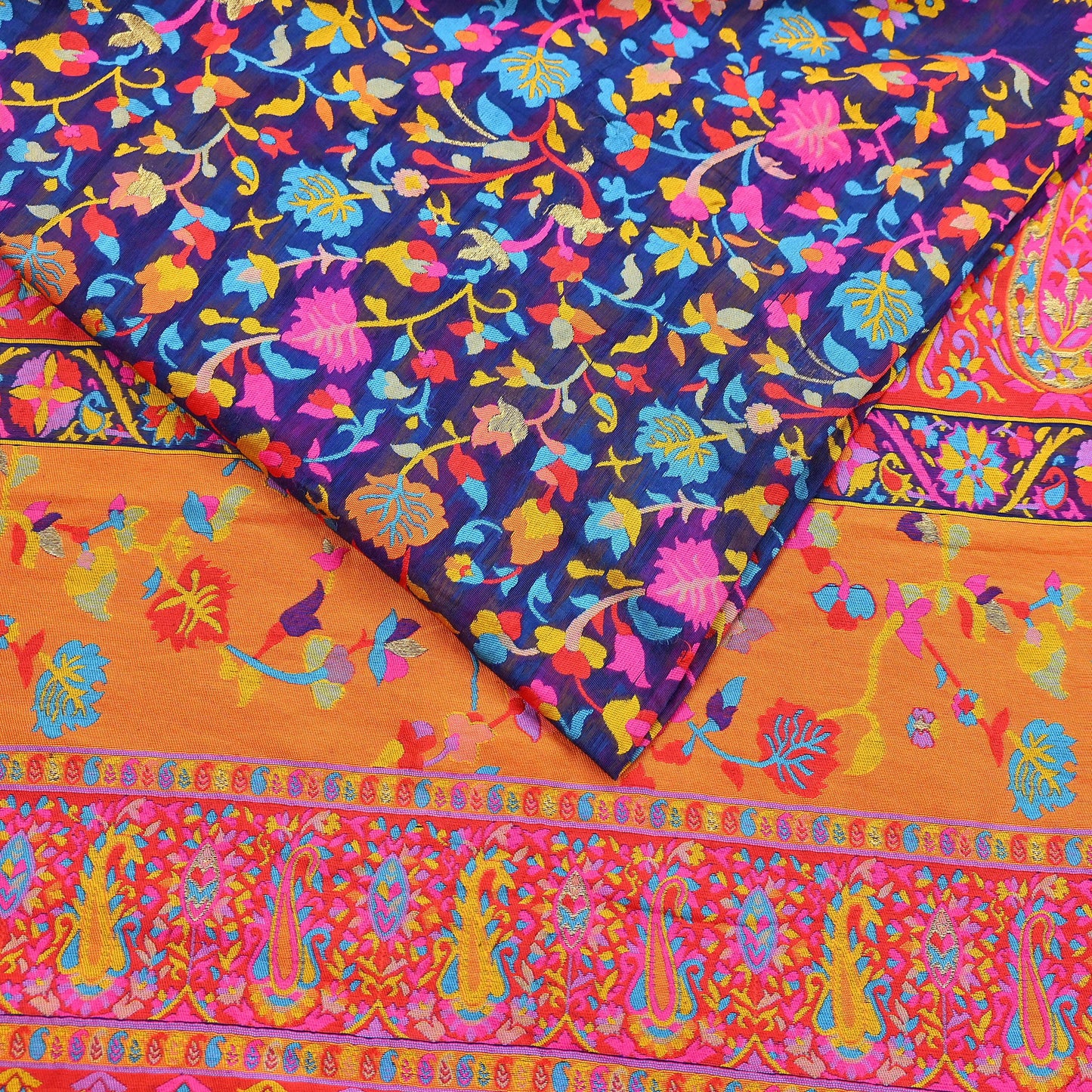 Indian Vintage Sari Blue & Multi Artificial Silk Hand Woven Sarees 5yd Ethnic Craft Fabric Sewing Wedding Sarees Dress making