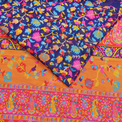 Indian Vintage Sari Blue & Multi Artificial Silk Hand Woven Sarees 5yd Ethnic Craft Fabric Sewing Wedding Sarees Dress making