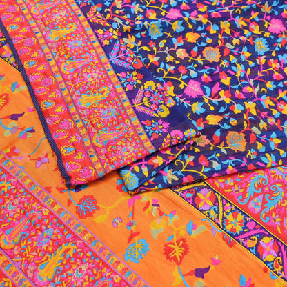 Indian Vintage Sari Blue & Multi Artificial Silk Hand Woven Sarees 5yd Ethnic Craft Fabric Sewing Wedding Sarees Dress making