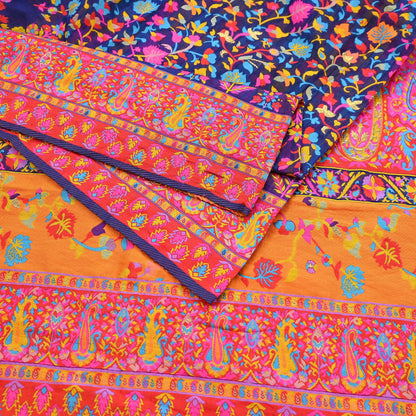 Indian Vintage Sari Blue & Multi Artificial Silk Hand Woven Sarees 5yd Ethnic Craft Fabric Sewing Wedding Sarees Dress making