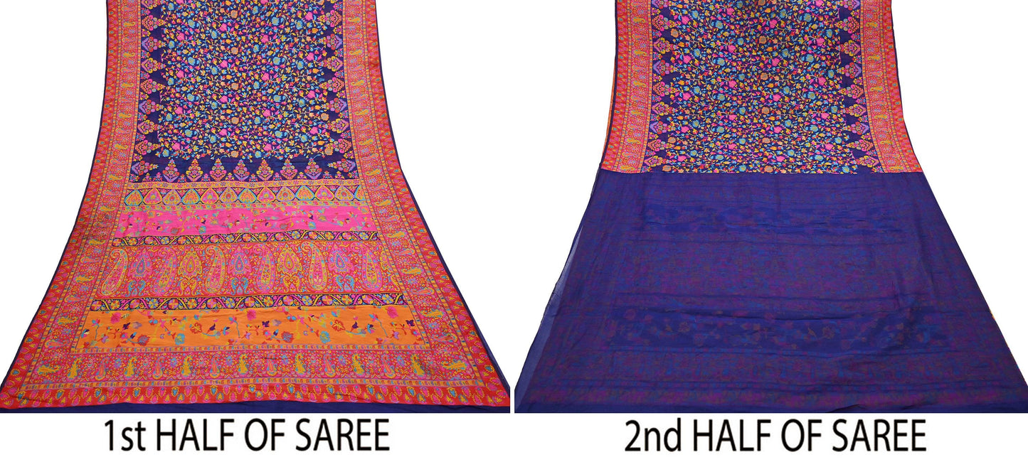 Indian Vintage Sari Blue & Multi Artificial Silk Hand Woven Sarees 5yd Ethnic Craft Fabric Sewing Wedding Sarees Dress making