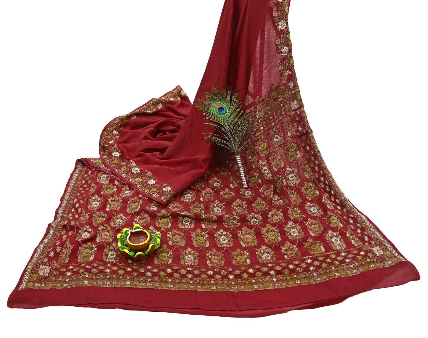 Indian Vintage Sari Red 100% Pure Silk Hand Woven Sarees Craft Fabric 5Yd Ethnic Sewing Dress making Crafting Quilting Upcycle Zari