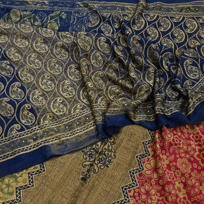 Indian Vintage Blue & Green Sarees Moss Crepe Printed Sari 6yd Sewing Floral Soft Craft Fabric DressMaking For Crafting Quilting Upcycle