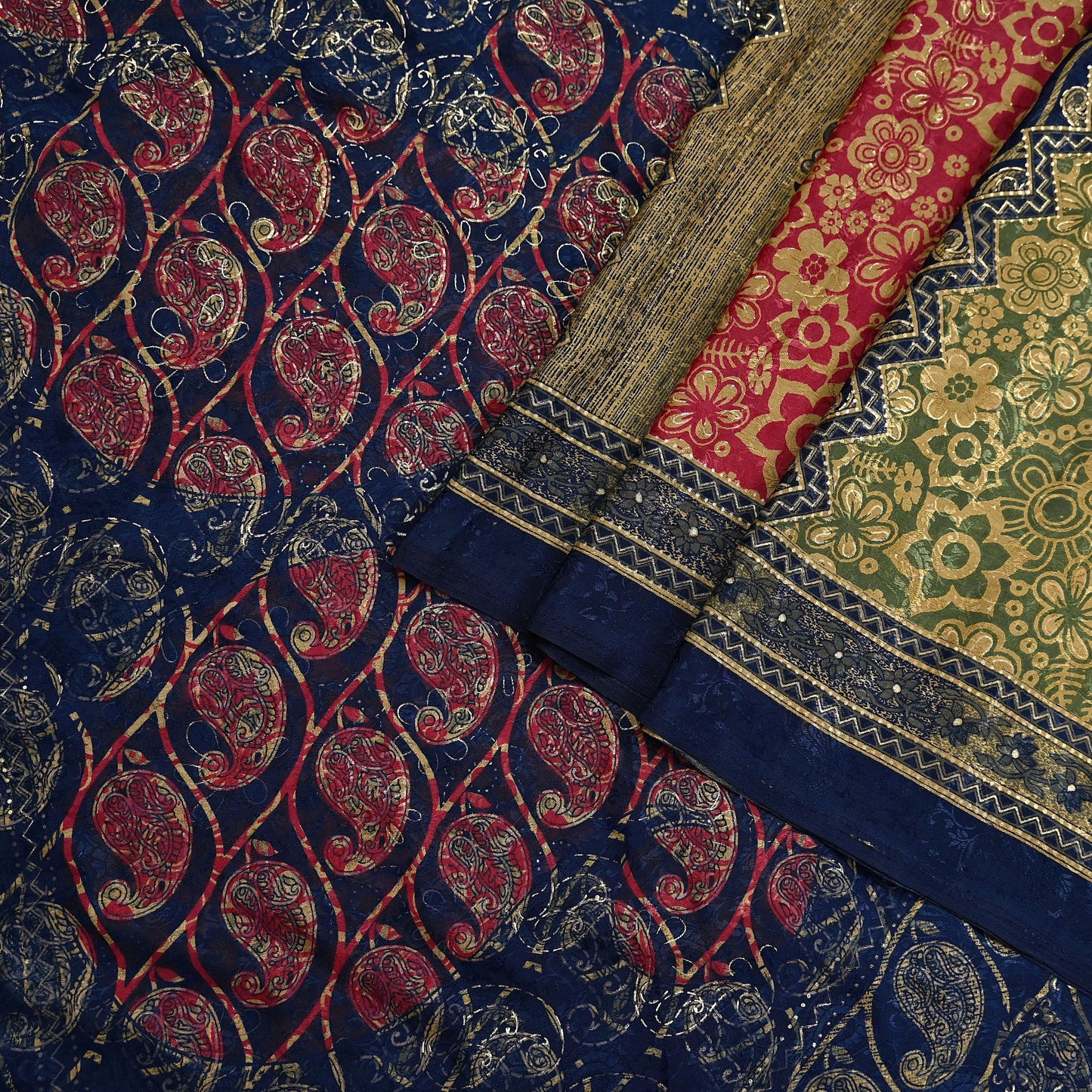 Indian Vintage Blue & Green Sarees Moss Crepe Printed Sari 6yd Sewing Floral Soft Craft Fabric DressMaking For Crafting Quilting Upcycle