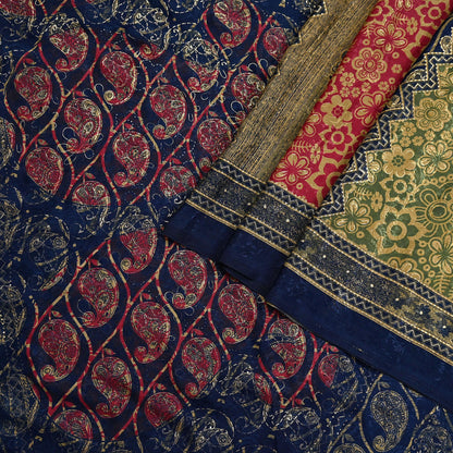 Indian Vintage Blue & Green Sarees Moss Crepe Printed Sari 6yd Sewing Floral Soft Craft Fabric DressMaking For Crafting Quilting Upcycle